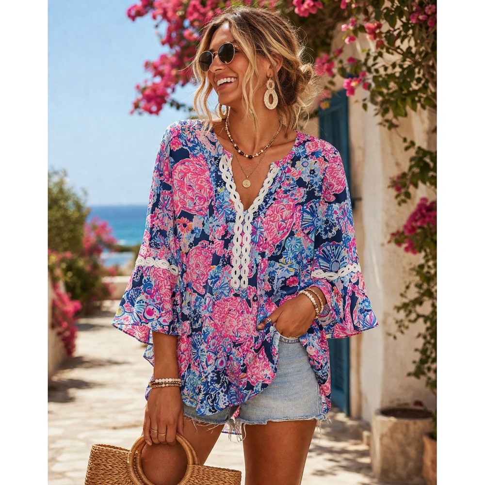 Lilly Pulitzer Tunic Top Women's Sz S Hollie Pink Oasis Shell Me You Love Me